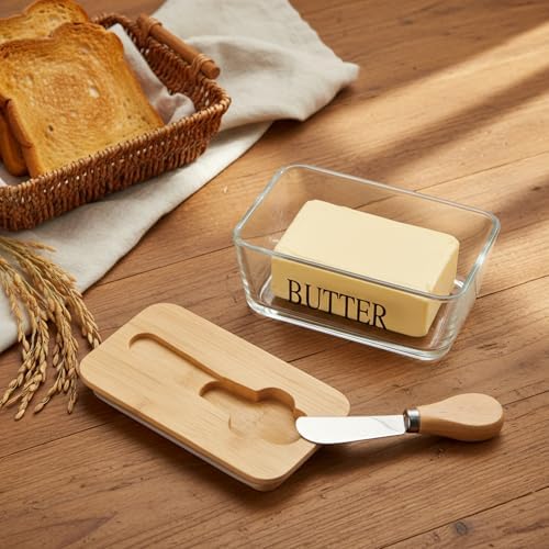 Glass Butter Dish with Bambo Lid and Knife, Airtight Butter Keeper for