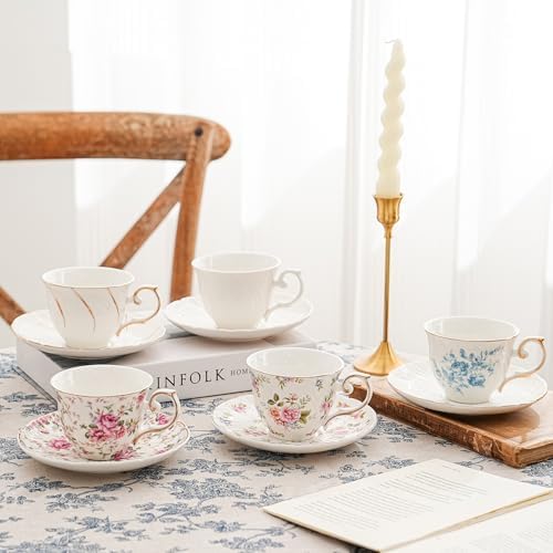 Agyiuns tea cups and saucers ceramic coffee mug 6oz set of 4 for