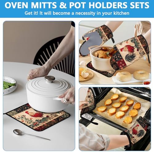 Rustic Rooster Oven Mitts and Pot Holders Set, 4 Pcs