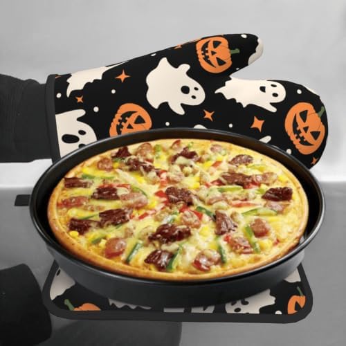 Halloween Pumpkin Ghost Oven Mitt and Pot Holder Set, 2 Pack