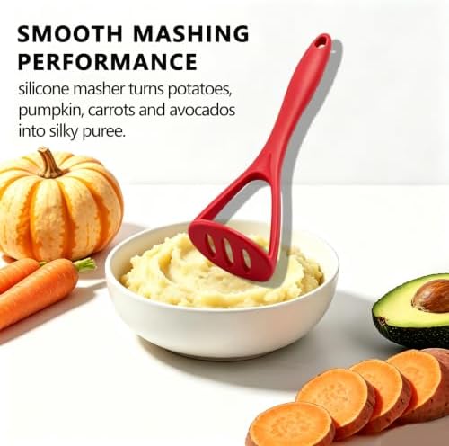 Potato Masher Silicone Set, 10.4 Inch Non-Scratch Kitchen Tool (RED)