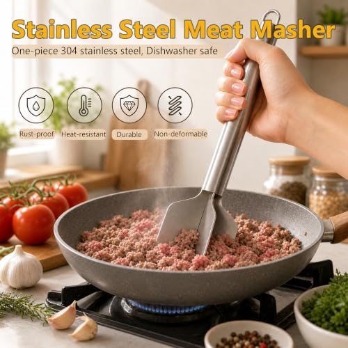 Meat Masher, 304 Stainless Steel Ground Beef Masher, 6-Blade Head