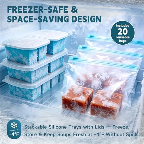 4-Pack Silicone Freezer Trays with Lid & 20 Bags - Multi-Size 1-Cup &
