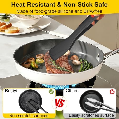 Beijiyi Silicone Kitchen Tongs, 9" & 12", Black