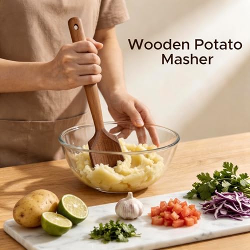 Wooden Potato Masher, Handle Meat Masher Chopper, Multi-functional