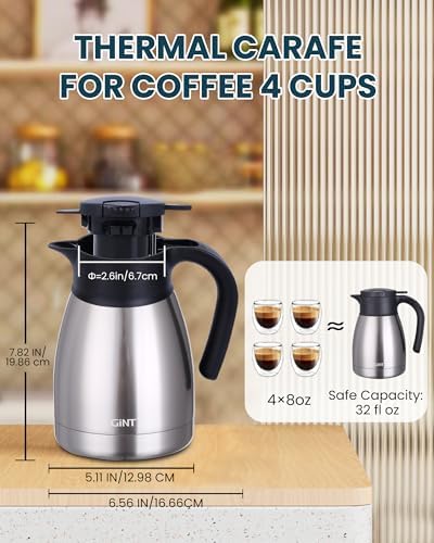 GiNT 34Oz Thermal Coffee Carafe, Insulated Stainless Steel Coffee