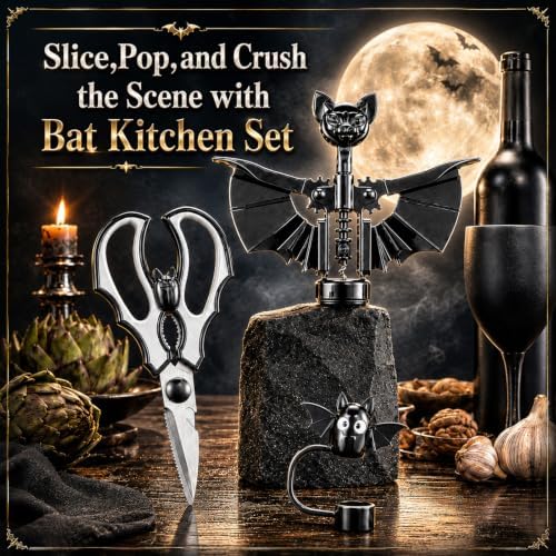 Fourluoo 3 Pcs Halloween Bat Kitchen Scissors Wine Bottle Opener Set