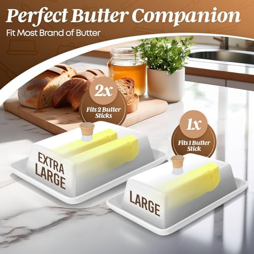Flexzion Extra Large Ceramic Butter Dish with Lid, 8 Inch, White