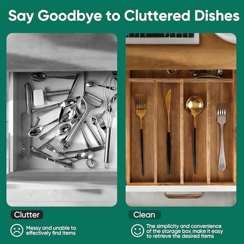 Acacia Wood Silverware Drawer Organizer, 5-Compartment Tray