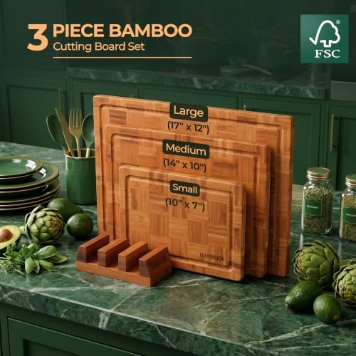 3 Pack Deep Carbonized Bamboo Cutting Board Set with Holder | Extra