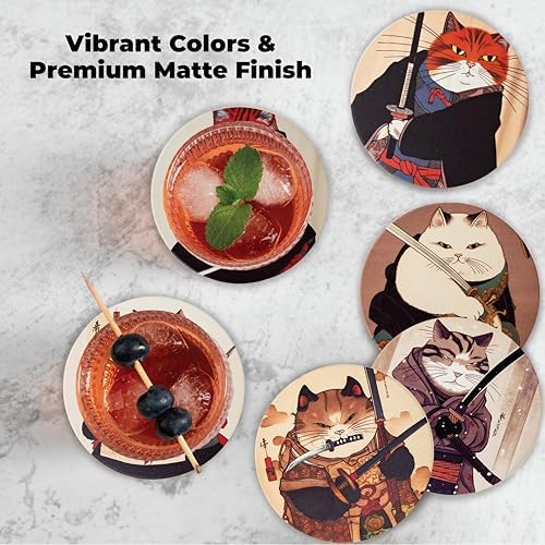 Ninja Cat Coasters Set of 6 - Cat Gifts for Men Anime Decor, Funny