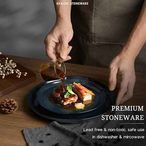 HaWare Plates and Bowls Set, Stoneware Dinnerware Sets, 24-Piece Hand-painted Dishware for 8, Ceramic Dinner Set for Home Kitchen, Microwave and Dishwasher Safe, Reactive Starry Blue