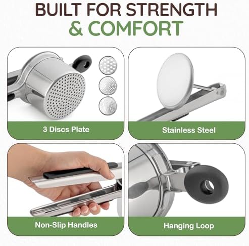 Large 15oz Potato Ricer with 3 Discs - Heavy Duty Stainless Steel