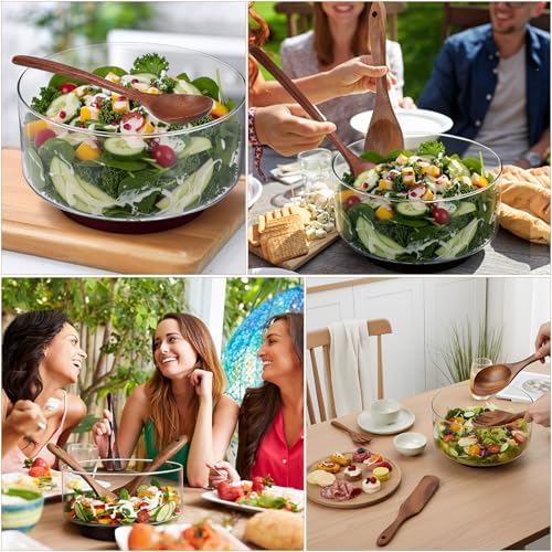 FoldTier Large Glass Salad Bowl Set, Party Salad Bowl with Acacia Wood