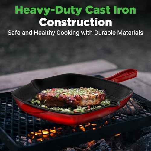NutriChef 11" Enameled Cast Iron Steak Grill Pan - Square Skillet with Drip Spout, For All Cooktops, Perfect Grill Marks - NCCIES47