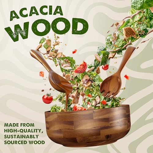 Tidita 12" Salad Bowl Set with Serving Utensils, Solid Wood, Generous