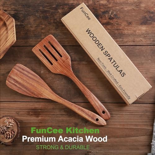 2 Pack Wooden Spatula, Acacia Wood Long Handle Flat Frying Turner