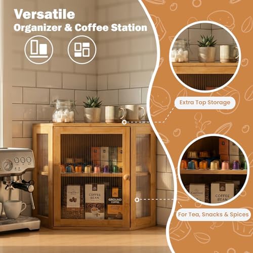 Corner Bread Box for Kitchen Countertop: Bamboo Storage Container for Homemade Bread, Two Layer Breadbox under Cabinet Mount, Large Bread Holder for Kitchen Counter, Pantry Shelf