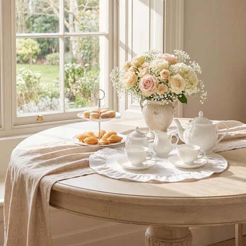 Round Ruffled Linen Blend Placemats, 15 Inch Scalloped Table Mats, Set