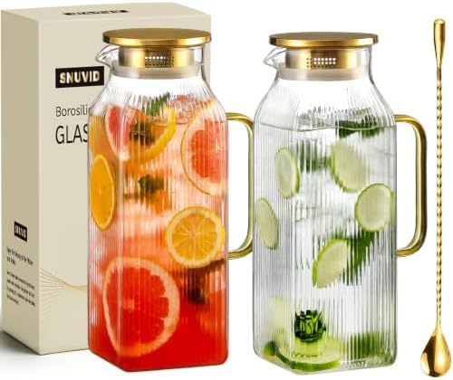 2 Pack 2.2 Liter/75 oz Square Classic Stripes Glass Pitcher with Lid