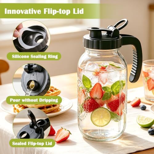 Glass Pitcher with Lid 64OZ Mason Jar Pitcher with Ergonomic Handle