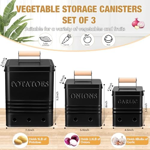 3 Pcs Potato Onion Garlic Storage Bin Metal Vegetable Keeper Container
