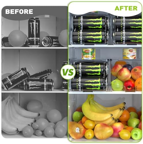 SCAVATA 2 Pack Tall Skinny Can Organizer for Refrigerator, Stackable Large Soda Cans of 16oz & 17oz Beverage Energy Drink Container Holder Dispenser with Lid for Fridge, Clear Storage Plastic Bins