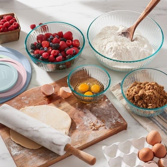 Pyrex Ribbed Glass Mixing Bowl Set with Pastel Lids, 8 Piece Nesting