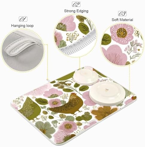 OTVEE Farm Chicken Floral Art Dish Drying Mat for Kitchen Counter