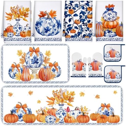 Fanfanwin 10 Pcs Fall Pumpkin Kitchen Decor Set Blue and White