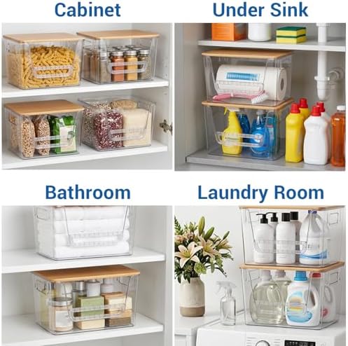 3 Set Pantry Organizers and Storage with Bamboo Lids, Stackable Clear