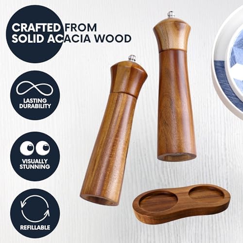 Wooden Salt and Pepper Grinder Set with Tray, 8 Inch, Set of 2