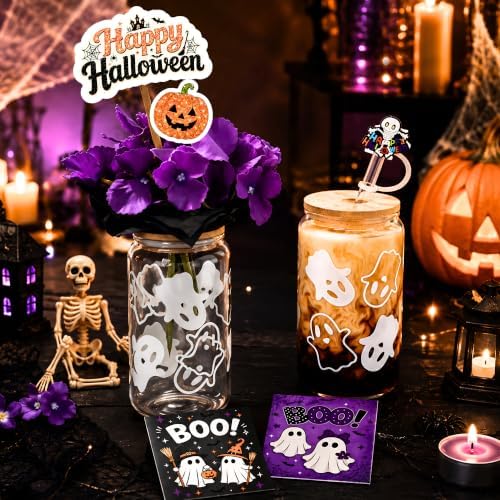 2-Pack Halloween Ghost Glass Cups with Lids& Straws, Boo Basket