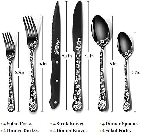 24-Piece Black Silverware Set with Steak Knife, Black Flatware Sets