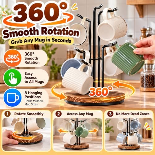 360° Rotating Mug Tree for Countertop with 8 Hooks for Kitchen Coffee