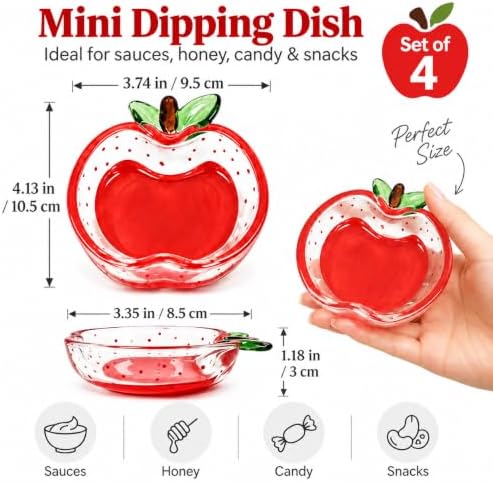 Apple Shaped Glass Dipping Dishes Set of 4, Mini Sauce Dishes Honey