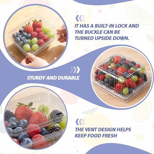 Threehoney 100 Clear Plastic Berry Containers Vented, 5.3×4.7×2.4 Inch