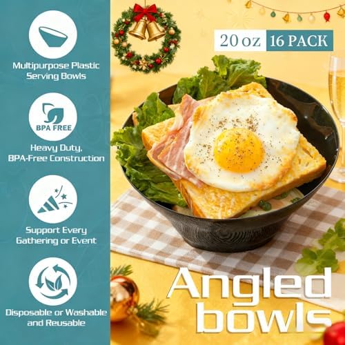 Liacere 16Pcs 20oz Black Plastic Serving Bowls Angled for