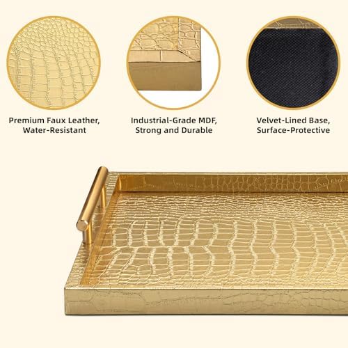 Modern Elegant Large Wood Serving Tray, Set of 2 Gold Crocodile