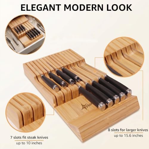 Flareware Bamboo Knife Drawer Organizer, 15-Slot