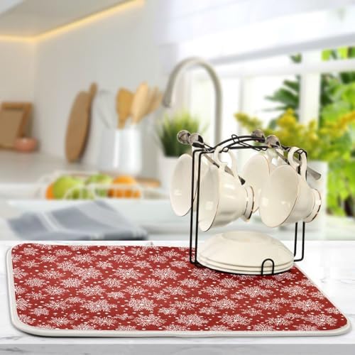OTVEE Snowflakes’ Red Canvas Dish Drying Mat for Kitchen Counter