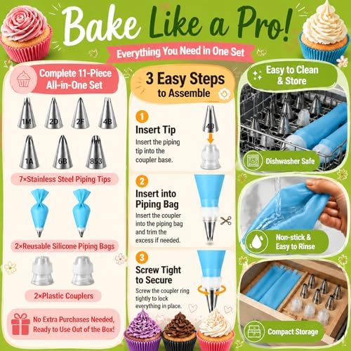 Hendiy Large Piping Tips Set, 2D 2F 1M 4B 1A 6B 853 with Reusable Bag