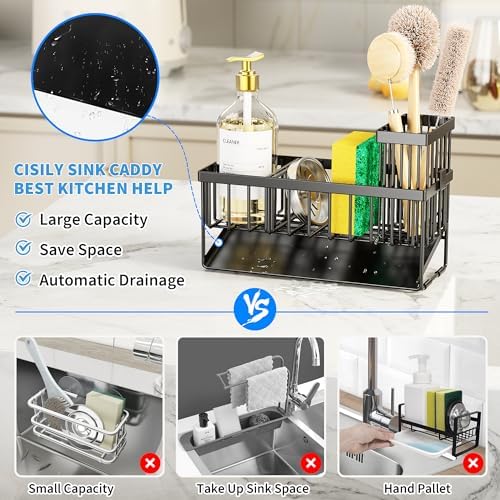 Cisily Kitchen Sink Caddy with Brush Holder, Stainless Steel
