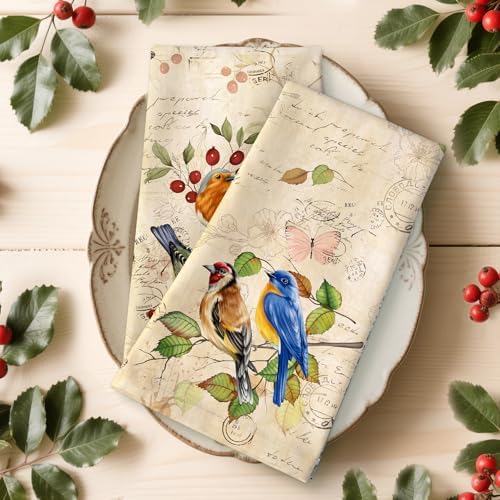 Vintage Birds Tea Towels Set of 4, 100% Cotton, 18.9 x 27.5 Inch