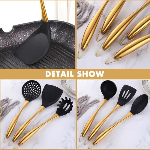 Silicone Cooking Utensils Set, 9 Pcs, Stainless Steel Handle, Gold