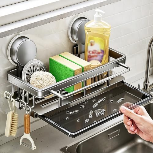 4-in-1 Sink Caddy Sponge Holder wih Strong Suction Cup, Multi-use