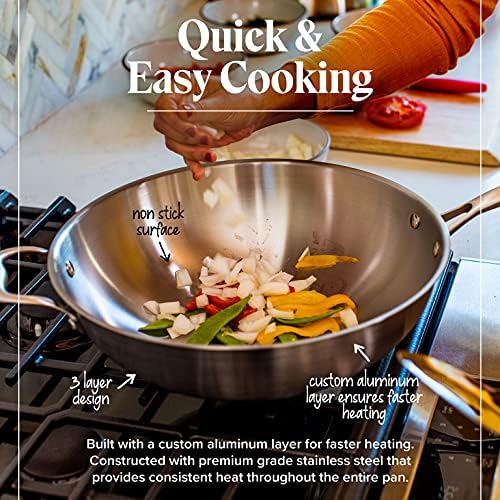 Willow & Everett Stainless Steel Flat Bottom Wok Pan, Professional Traditional Stir Fry Cookware w/Domed Lid & Spatula, Low Maintenance Rust & Scratch Resistant for Induction Gas Electric Stove Top