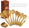 10 Pcs Natural Teak Wooden Utensil Set with Hooks