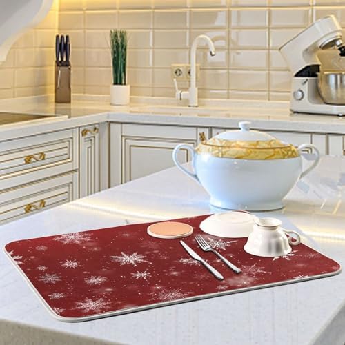 OTVEE Red Snowflake Beauty Dish Drying Mat for Kitchen Counter