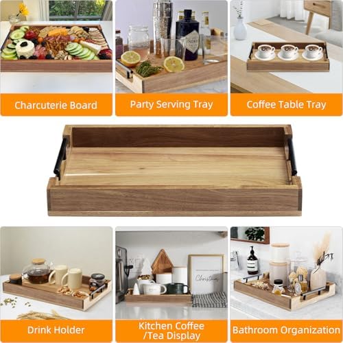 GarveeHome Acacia Serving Tray with Metal Handles, 17 in Wood Serving